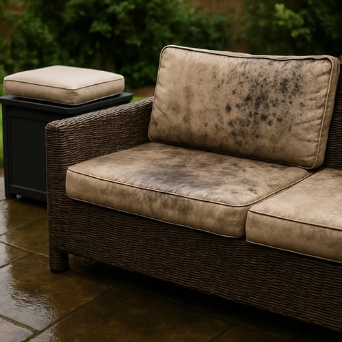 Outdoor rattan sofa with weather-damaged and mouldy cushions left in the rain - showing why proper advice on how to store outdoor cushions is essential.
