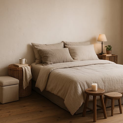 Minimalist bedroom with beige bedding and natural wood furniture, featuring a small bedside table with a lamp and plant – cosy and simple bedside table ideas for small spaces.