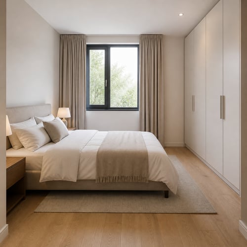 Minimalist bedroom with bed, bedside tables and large wardrobe – essential furniture checklist for new home bedroom essentials.