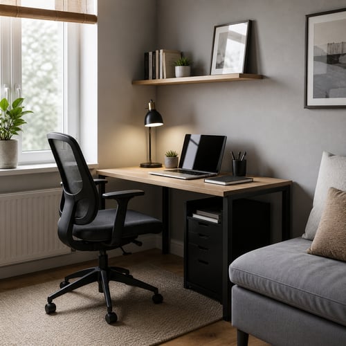 Compact home office with desk, chair and storage drawers – useful furniture checklist for new home workspace arrangement.