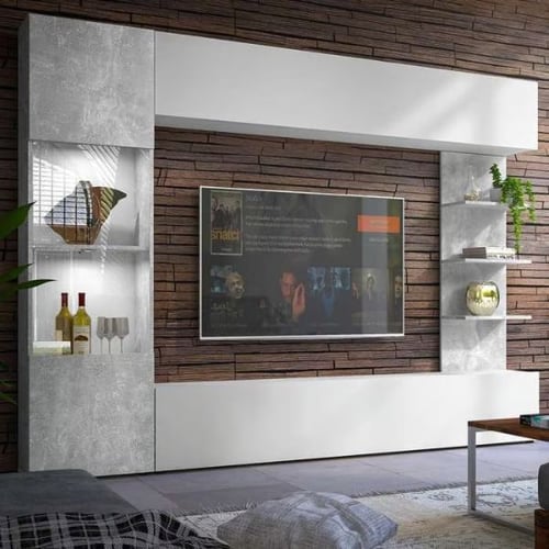 Modern media wall idea with a mix of white panels, concrete textures, and wooden background featuring illuminated shelves and a mounted TV