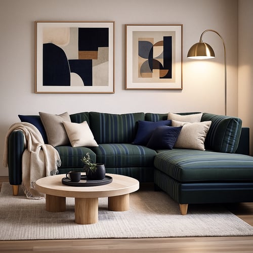 Cosy small living room idea with a striped green corner sofa, light wood round coffee table and abstract artwork, showing a stylish and functional layout for compact spaces.