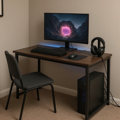 A compact best gaming desk setup in a small space, featuring a dark wood desk, gaming monitor with a fantasy portal image, black tower PC, and basic chair with headset.