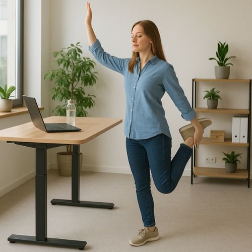 Woman stretching beside a standing desk with a laptop, in a bright room with indoor plants
