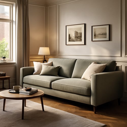 Light green fabric sofa in a refined living room with framed art and soft cushions, showing how to choose a durable sofa fabric that combines comfort and style.
