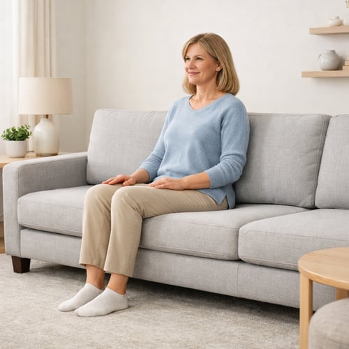 Middle-aged woman sitting upright on a light grey sofa in a bright living room, showcasing posture support and comfort - a helpful visual for choosing the best sofa filling.
