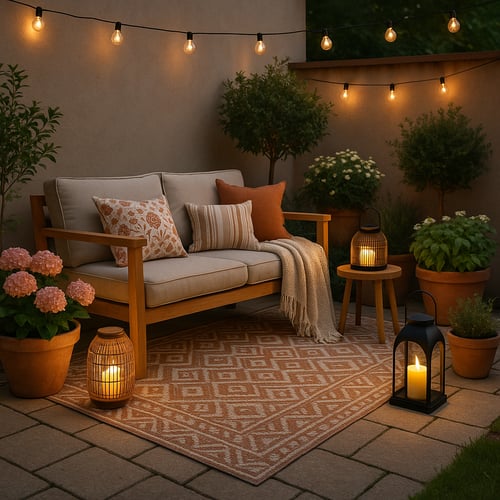 Cosy evening patio setup with a wooden sofa, outdoor rug, candles and string lights – warm and inviting patio ideas for UK garden relaxation.