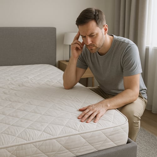 Thoughtful man sitting on the edge of a bed, inspecting the mattress surface with concern — a visual cue for wondering how often you should change your mattress.