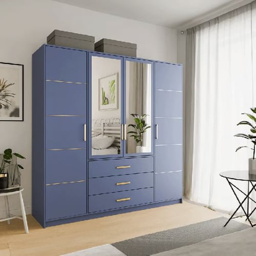 Blue Bedroom Wardrobe with Mirror and Gold Handles