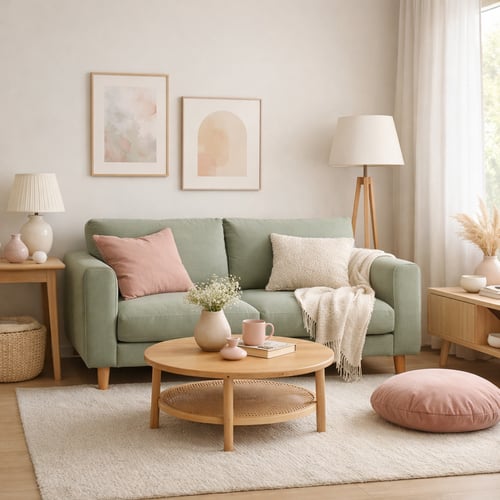 Soft mint green sofa with blush pink accents in a light and airy room – a gentle pastel combination leading sofa colour trends 2026.