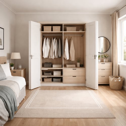 Built-in hinged wardrobe with open double doors showing neatly arranged clothes, shelves and drawers, illustrating the accessible storage layout in the context of sliding wardrobes vs hinged.