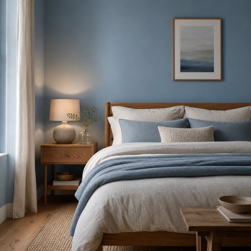 Light blue bedroom with neutral bedding and wooden furniture in natural daylight, showing what colour helps you sleep for a relaxing space.