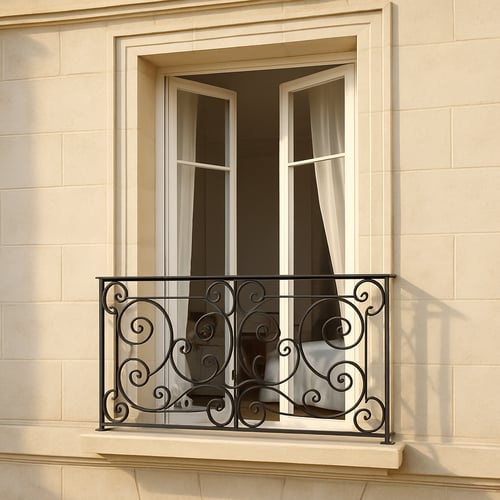 Classic Juliet balcony with ornate black wrought iron railings installed in front of full-length French doors - an elegant example when asking what is a Juliet balcony.