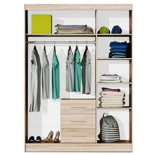 Modern white open closet with clothes, accessories, and boxes neatly arranged – perfect for organising wardrobe essentials