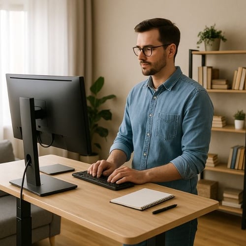 Man working at a standing desk with a monitor and keyboard, in a modern home office setting