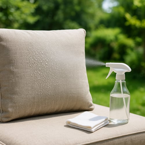 Close-up of a beige outdoor cushion being sprayed with a clear cleaning solution from a spray bottle, illustrating how to clean outdoor cushions gently and effectively on a sunny garden patio.