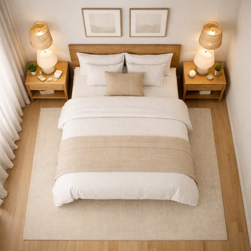 Top-down view of a neatly made bed with light bedding, placed centrally on a soft rug between two identical lamps and nightstands, showing optimal bed placement for feng shui in a minimalist bedroom.