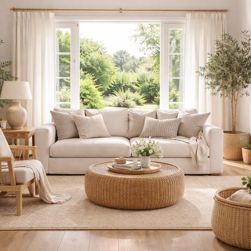 Summerhouse furniture ideas – light-filled garden room with neutral sofa, wooden coffee table and soft textiles creating a calm cosy space.