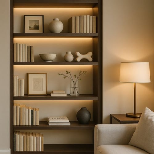 Dark wood bookshelf with warm lighting, decorated with neutral books and minimalist decor