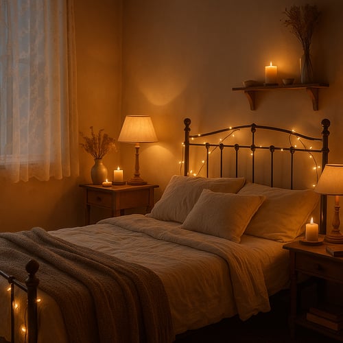 Przytulna cottagecore bedroom z kutym łóżkiem ozdobionym światełkami i palącymi się świecami, tworzącymi ciepły, romantyczny nastrój.