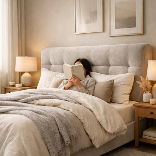 Upholstered bed frame in a cosy modern bedroom, with a woman reading in bed, illustrating one of the best materials for bed frame when comfort and softness are the priority.