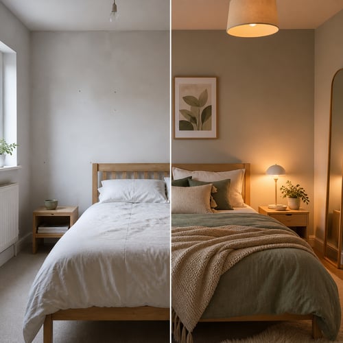 Before and after bedroom makeover showing minimal vs warm styled space – practical bedroom decorating ideas on a budget with lighting and textiles.