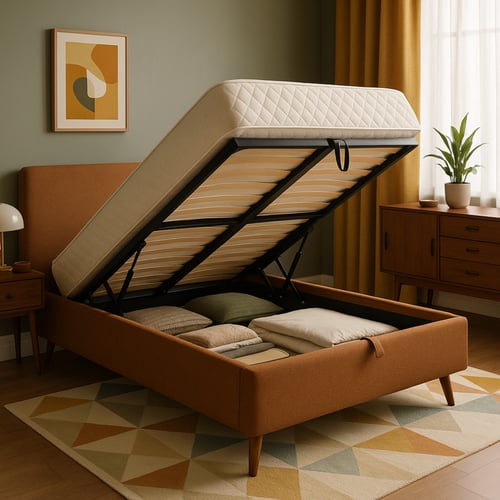 Lift-up ottoman bed with rust-coloured upholstery, shown open to reveal spacious under-bed storage filled with neatly folded bedding, clearly explaining what an ottoman bed is and how it helps maximise bedroom space.