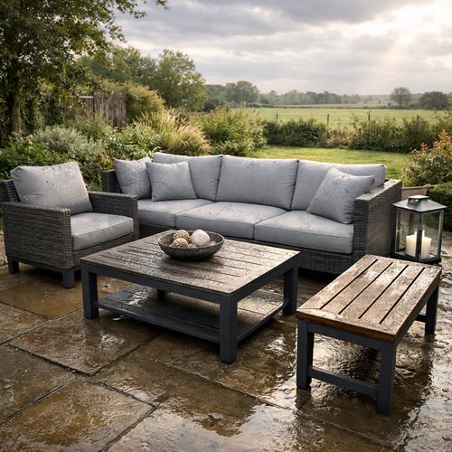 Rattan garden lounge set with waterproof grey cushions and a wooden coffee table, glistening after rain on a stone patio – ideal outdoor seating and durable materials, showcasing the best garden furniture for UK weather.