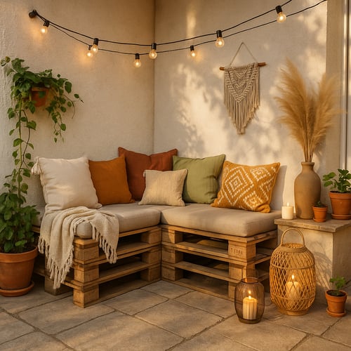 Cosy patio pallet furniture decorated with colourful cushions, string lights and candles, creating a warm and inviting outdoor corner for evening relaxation.