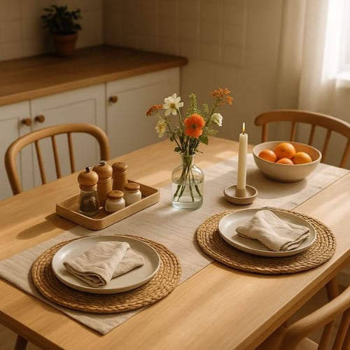 Cozy dining table for two with flowers, a candle, and natural decor.