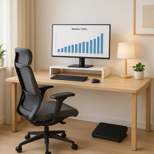 Natural wood desk with light blue fabric chair, small shelf for books, and a laptop displaying a beach scene – perfect for small spaces and stylish desk ideas.
