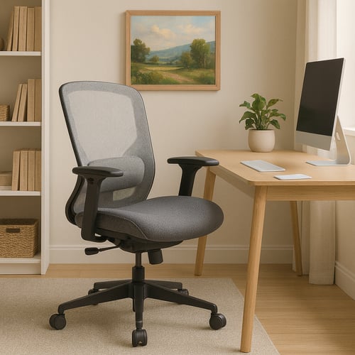Comfortable grey mesh office chair with adjustable armrests in a light home office setting, ideal for choosing the best desk chair for ergonomic support.