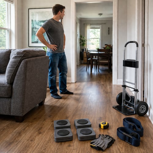 Man preparing to move heavy furniture using sliders, straps and a trolley in a living room – practical setup for how to move heavy furniture safely.