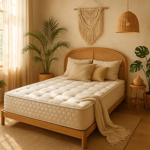 Scandi-boho bedroom with a rattan bed frame, cosy beige bedding, and a plush, deep mattress – perfect inspiration for finding the best mattress for natural interiors.