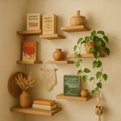 Rustic wooden corner shelves filled with classic books, terracotta pottery, trailing plants, and macrame — warm and creative corner shelf ideas for a cosy boho interior.