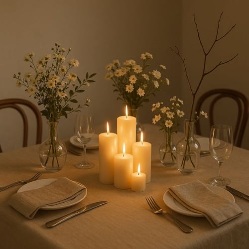 Romantic dining table setup with candles, wildflowers, and neutral linens