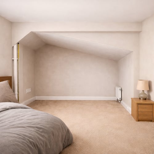A bedroom with a sloped ceiling and a tape measure vertically placed against the wall – demonstrating how to measure for a wardrobe in awkward or angled spaces.