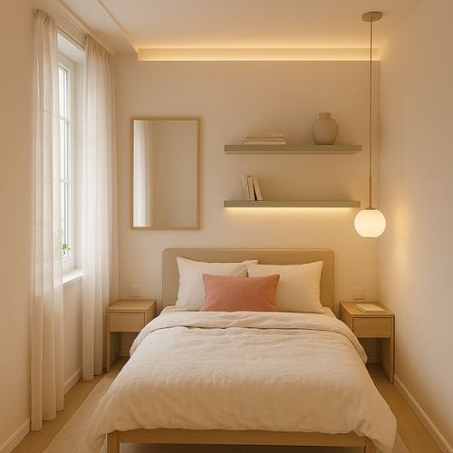Minimalist small bedroom idea featuring floating shelves, soft lighting, and light wood furniture for an airy feel