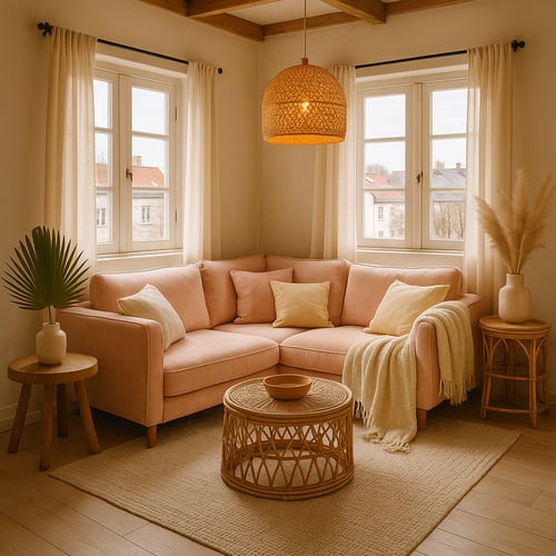 Small living room decorated in a warm boho style, featuring a pastel pink corner sofa with yellow cushions, rattan coffee table and soft beige accessories – ideal inspiration for compact interiors.