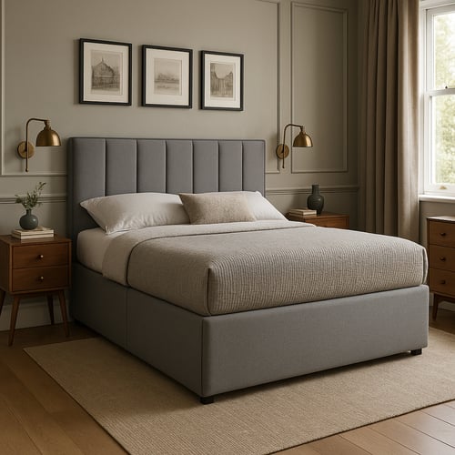Modern grey ottoman bed with vertical panelled headboard and a soft beige cover, placed in a classic bedroom setting — a smart example of what an ottoman bed looks like in a contemporary UK home.