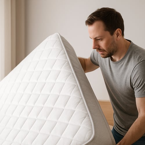 Man lifting and examining a mattress closely, checking its condition to decide how often he should change his mattress.