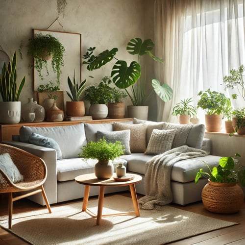 A cozy living room featuring a light grey corner sofa with soft fabric upholstery, complemented by earthy elements like a wooden coffee table, woven rattan chair, and lush green plants. The neutral-toned decor enhances the Scandinavian-inspired aesthetic