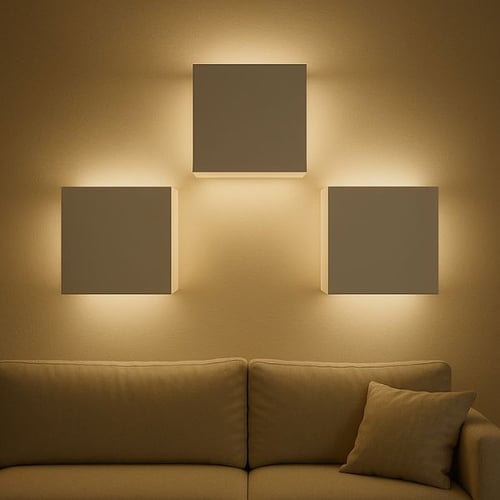 Minimalist shelf lighting ideas with square wall lights above a beige sofa for soft ambient glow