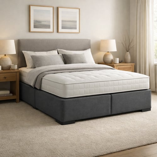 Cosy neutral bedroom featuring a neatly dressed divan bed with a supportive mattress and fabric base, clearly showing what is a divan bed in a real home setting.