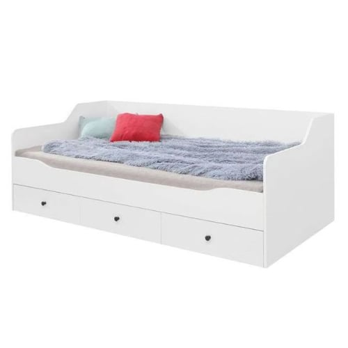 White daybed with three storage drawers, gray throw, and colorful cushions