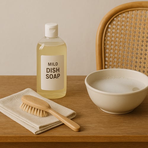 Essential cleaning supplies for rattan furniture, including mild dish soap, a soft brush, cloth, and bowl with foam – ideal setup for how to clean rattan furniture at home.