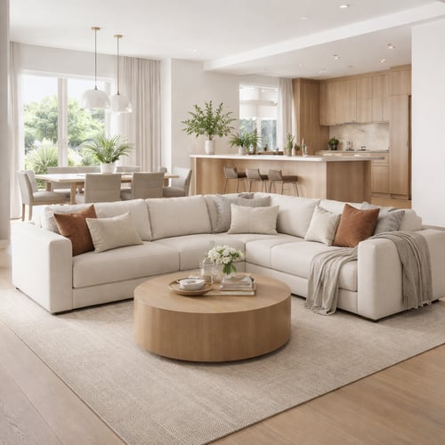 Modern open-plan living area with a large light modular sofa and round wooden coffee table – best modular sofas for stylish and functional spaces.