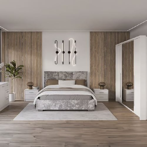 Modern cosy bedroom with neutral tones