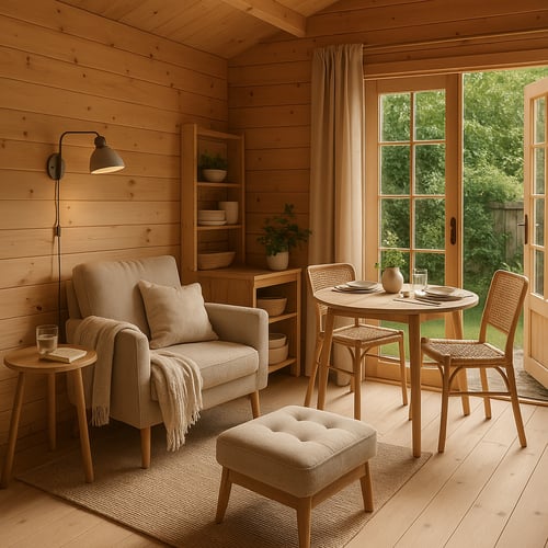 Warm and inviting summerhouse furnished with a soft beige armchair and footstool, paired with a round wooden dining table and chairs, showcasing practical and stylish summerhouse furniture ideas.