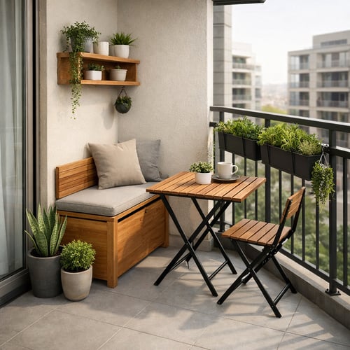 Small balcony ideas – compact balcony with foldable table and chairs, wooden bench and potted plants in a modern urban setting.